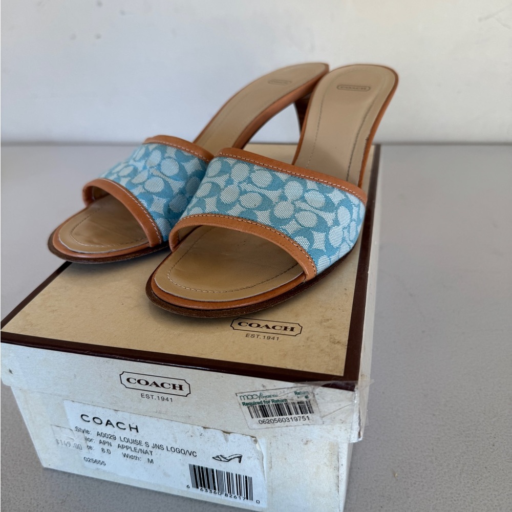 Coach Blue and Tan Mules with Signature Pattern Size 8! Preppy Style!